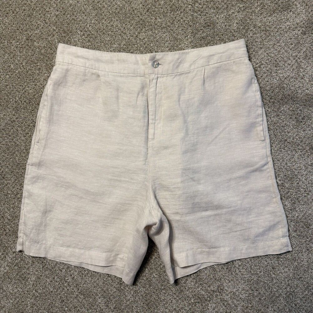 Tahari Women's 100% Linen Shorts XL Oatmeal Beige Pleated Elastic Back Summer